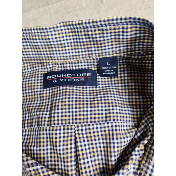 Mens Long Sleeve Button-Down Shirt Blue Yellow Check Roundtree & Yorke Size L - Picture 5 of 9